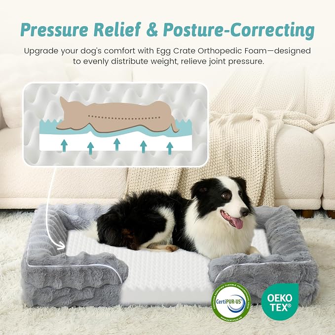 COZY KISS Orthopedic Dog Bed for Extra Large Dog 44x32 inch, XL Faux Fur Pet Sofa, Bolster Foam Bed with Sides, Non-Slip and Egg-Crate Big Dog Couch Bed with Washable Removable Cover, Grey