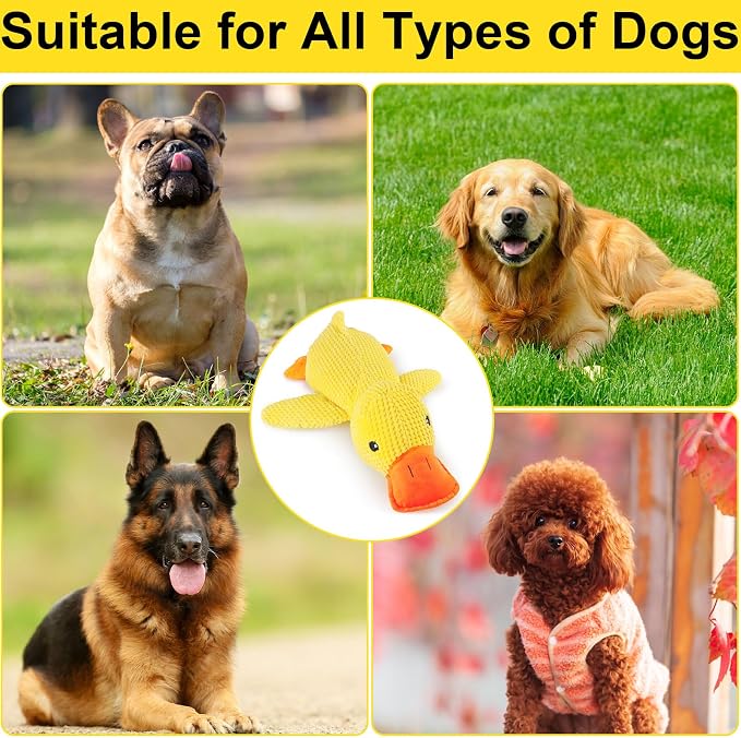 The Mellow Dog Calming Duck Pillow Toy, Squeaky Quacking Sound Duck Plush Chew Toy, Soft Comfort Calming Stuffed Duck Anxiety Toy for Indoor Small Medium Dogs, Yellow