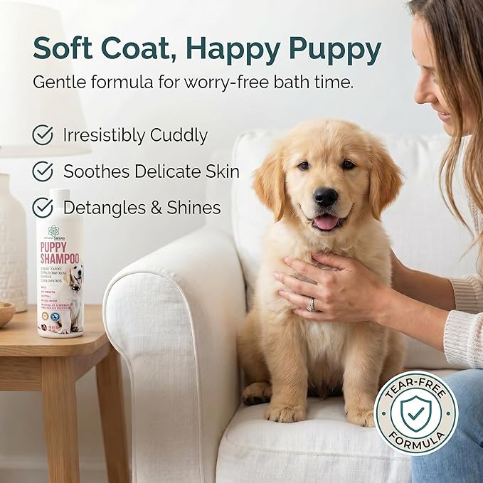 16 fl oz Tearless Puppy Shampoo and Conditioner - Dog Shampoo Itchy Skin Relief - Coconut Oil Oatmeal Shampoo for Dogs - Hypoallergenic Dog Shampoo Sensitive Skin, Made in the USA.