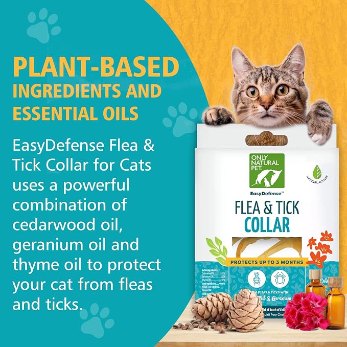 Only Natural Pet EasyDefense Flea & Tick Cat Collar - Feline Flea Collars Biting Insect Control - Pet Care that Protects up to 3 Months - for Cats (2 Pack)