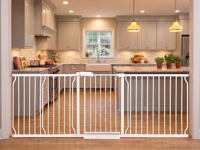 Extra Wide Baby Gate 85.8-90.5" Dog Gate Indoor Pressure Mounted No Drill Safety Gate for Large Entries, Kitchen,Stairs & Doorways, White Metal Indoor Pet Gate for Kids & Dogs