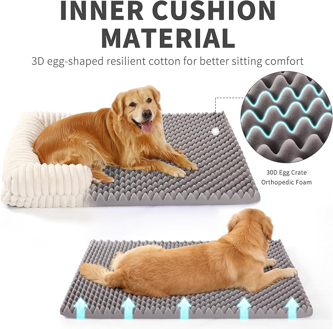 Orthopedic Dog Bed for Large Dogs, Removable Washable Cover & Waterproof Lining, Egg Support Foam with Stripe Faux Rabbit Fur, 47x32x3 Inches, Gray
