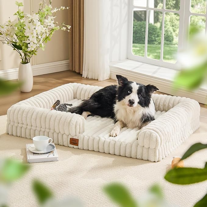 Orthopedic Dog Bed for XL Dogs, Washable Dog Bed with Faux Rabbit Fur Waterproof Cover, High Density Egg Crate Foam Support with 3-Sided Bolsters for Senior Dogs, Non-Skid Bottom, 41x30x7, Cream
