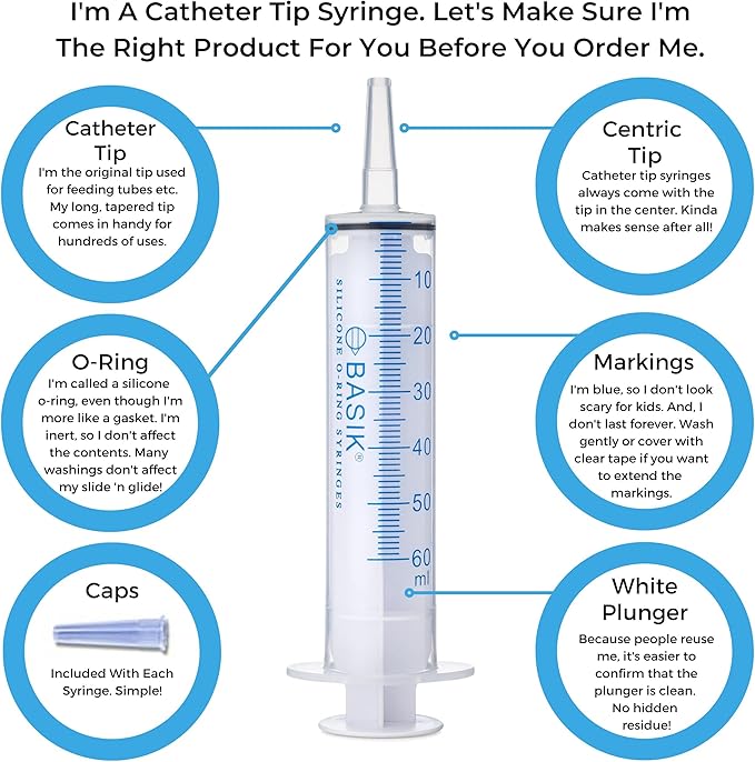 BASIK 60ml Enteral Feeding Syringe Cath Tip 60cc Silicone O-ring Tube Feeding With Caps Craft and Garden Syringe Pet Feeding 5/pack