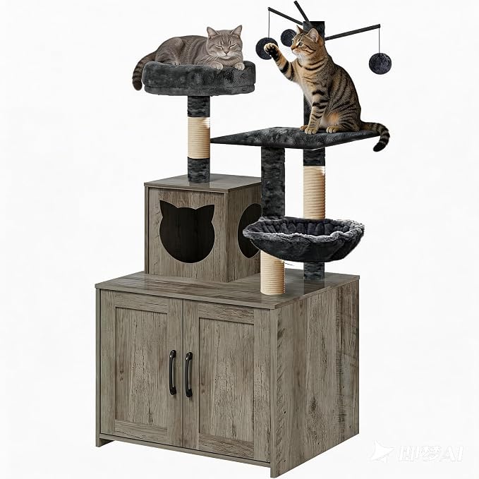 Cat Tree with Litter Box, Wood Litter Box Enclosure with Food Station, Modern Cat Tower for Indoor Large Cats with Large Platform,Cat Condo with Scratching Posts, Hammock, Caves, Basket,Grey