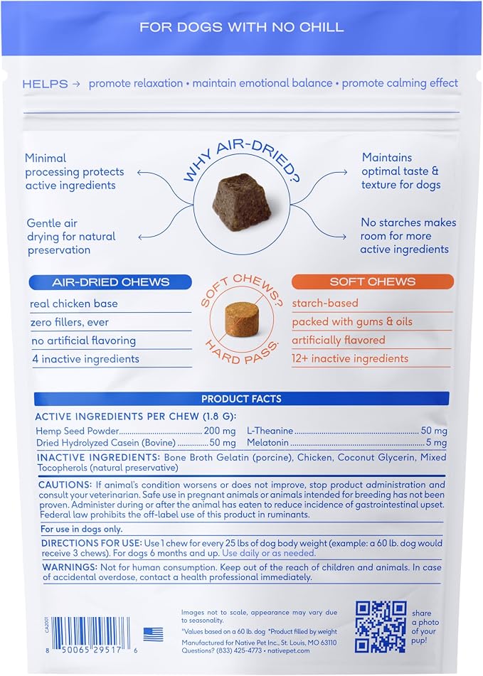 Native Pet Calming Chews for Dogs - Promotes Calming Effect, Supports Emotional Balance & Reduces Hyperactivity - Hemp Seed, Melatonin for Dogs, L-Theanine & Casein - Air-Dried 90 Chews