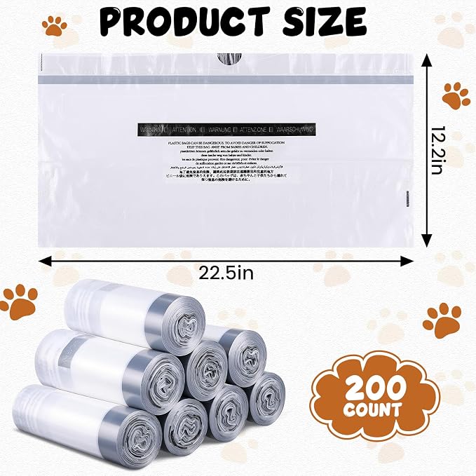 200 Count Cat Litter Box Liners Bags for Self Cleaning Automatic Litter Box 22.5 x 12.2" Drawstring Heavy Duty Pet Receptacles Bags Bulk 1.57 Mil Thick Tear Resistant Leak Proof Waste Liners