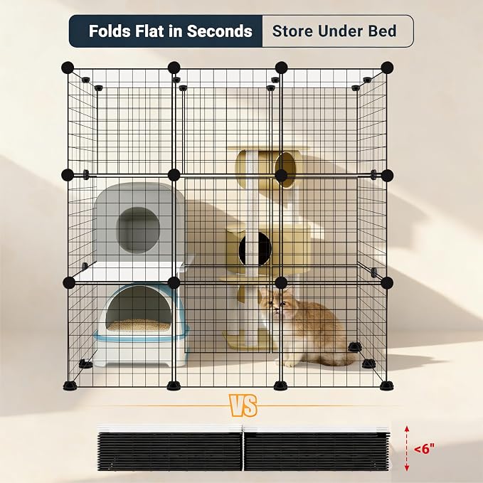 DIY Modular Cat Enclosure 3x3x2 Grid | Extra Large Indoor Cat Playpen | Foldable Black Wire Metal Cat Cage with Multi-Level Shelves | Approx. (43.7" x 29.5" x 43.3")