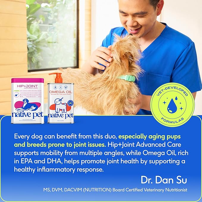 Native Pet Omega 3 Fish Oil for Dogs 16Oz & Advanced Care Hip & Joint Supplement for Dogs 12.7Oz Powder for Mobility & Movement - Supports Healthy Skin, Coat, Joints, Cartilage & Muscle