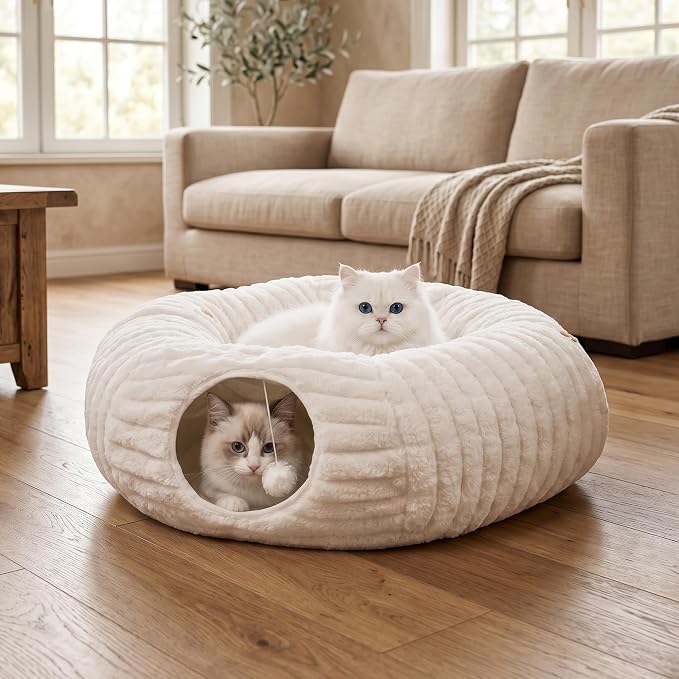 Cat Tunnel Bed Cave - Soft Washable Cushion for Indoor Cats, Peekaboo Hideaway Cave for Indoor Cats, Kittens, Puppies, Rabbits, Luxurious Striped Hare-Feel Fabric, Tunnels for Indoor Cats Large(White)