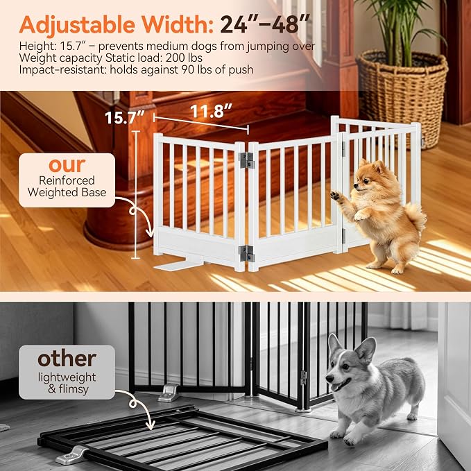 Reinforced Base Small Dog Gate, 48x15.7Inch No Drill Foldable Pet Fence, White Heavy Duty Puppy Barrier for Doorways, Modern Step-Over Metal Dog Gate for House, Anti-Tip Smooth Panel, Holds 200+ lb