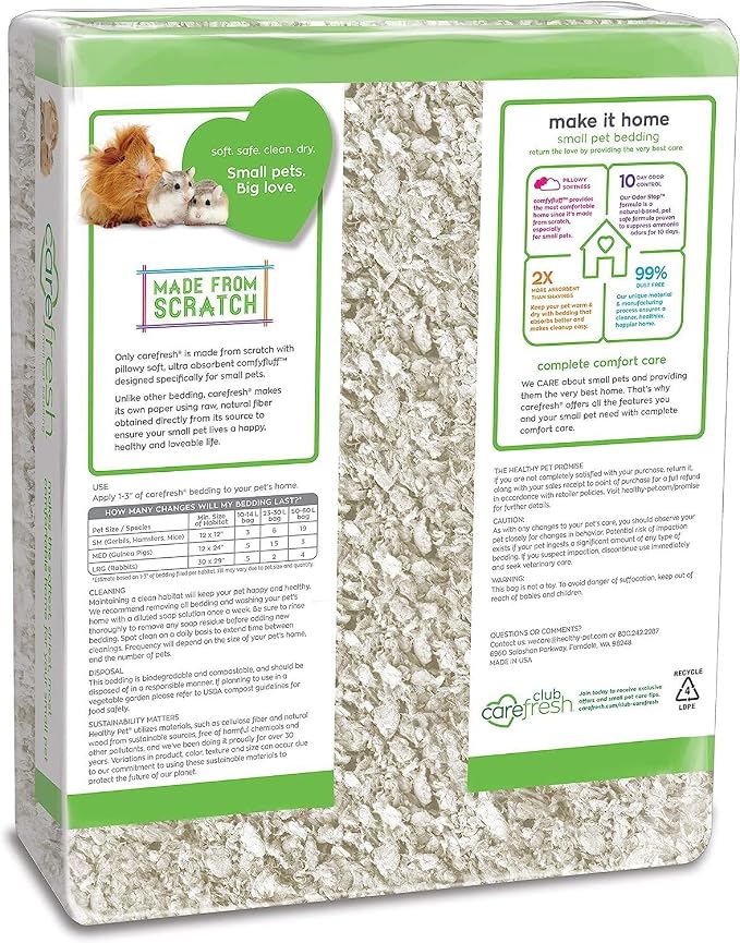 Carefresh 99% Dust-Free White Natural Paper Small Pet Bedding, Hamster Bedding, with Superior 10 Day Odor Control & Absorption, for Guinea Pigs, Hamsters, Rabbits, & Rats, 50 L