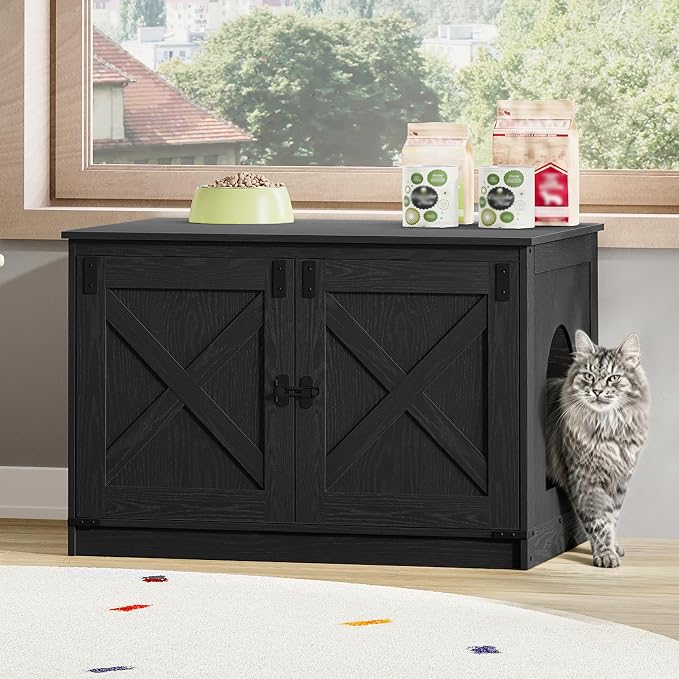 Hzuaneri Cat Litter Box Enclosure with Cushion, Hidden Litter Box Furniture with Removable Dividers, Reversible Entrance Left or Right Side, Cat House, Black CB84604X