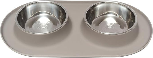 Messy Mutts Double Silicone Feeder with Stainless Bowls | Non-Skid Food Dishes for Dogs for All Pets | Dog Food Bowls | Medium, 1.5 Cups Per Bowl | Grey