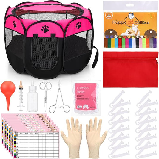 45 Pcs Puppy Dog Kitten Whelping Supplies Starter Kit for Birth Include Pet Playpen Whelping Collar Cord Clamp Bulb Aspirator Syringe Bottle Scissor Glove Bag for New Born Pet Supplies