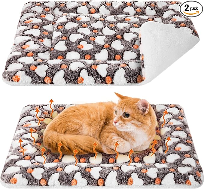 VitalCozy 2 Pack Self Warming Cat Mat Self Heating Pad Bed Reversible Machine Washable Reflects Body Heat Warm Thermal Pet Pad Crate Blanket for Feral and Indoor Cat (Grey,21" X 14",Heart)