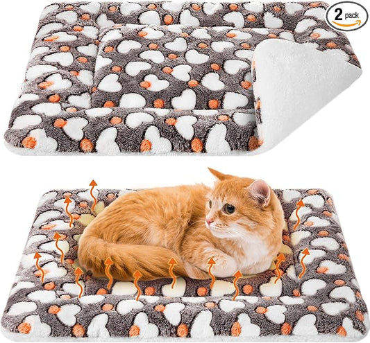 VitalCozy 2 Pack Self Warming Cat Mat Self Heating Pad Bed Reversible Machine Washable Reflects Body Heat Warm Thermal Pet Pad Crate Blanket for Feral and Indoor Cat (Grey,21" X 14",Heart)