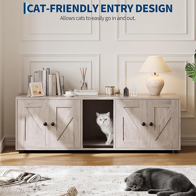 Garvee Cat Litter Box Enclosure for 2 Cats, Hidden Litter Box Furniture Cabinet with Double Room, Double Cat Litter Box Enclosure, Indoor Cat House, 43.4 x 18.1 x 17.7 Inches