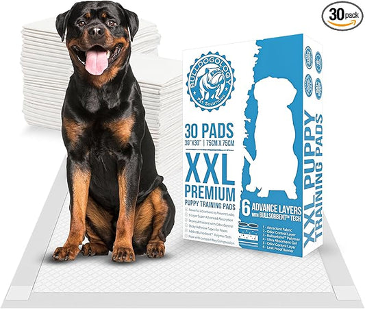 Bulldogology Puppy Pee Pads XXL with Adhesive Sticky Tape - Extra Large Dog Training Wee Pads (30x30) 6 Layers with Extra Quick Dry Bullsorbent Polymer Tech (30-Count, White)