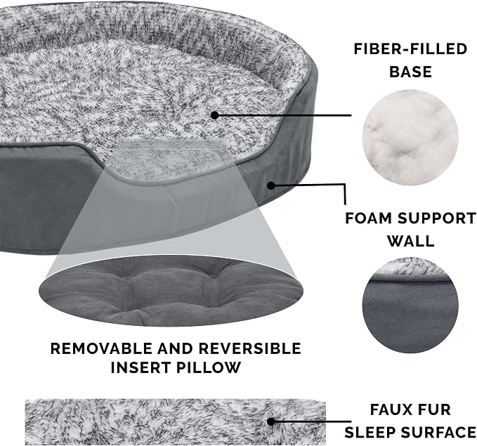 Furhaven Dog Bed for Large/Medium Dogs w/ Removable Washable Cover & Pillow Cushion Insert, For Dogs Up to 30 lbs - Two-Tone Faux Fur & Suede Oval Lounger - Gray, Large