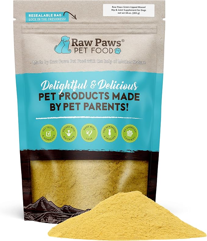 Raw Paws Green Lipped Mussel Hip and Joint Supplement for Dogs & Cats, 10-oz Powder - Green Lipped Mussels for Dogs - Natural Chondroitin Glucosamine for Dog & Cats - Dog Joint Pain Relief