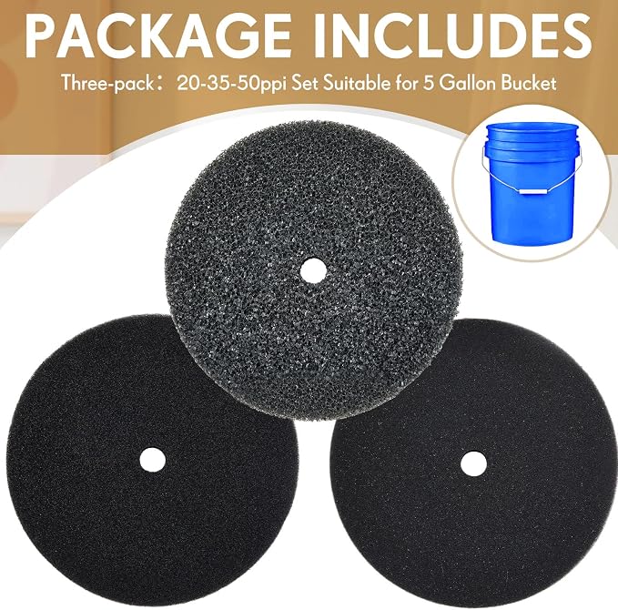 Wonderjune 3 Pcs 5 Gallon Bucket Sponge Filter 11" Aquarium Pond Sponge Filter DIY Foam Sponge Replacement Rounded, 3 Densities Cut to Size Foam for Aquarium Fish Tank Pet Filter (20-35-50ppi Set)