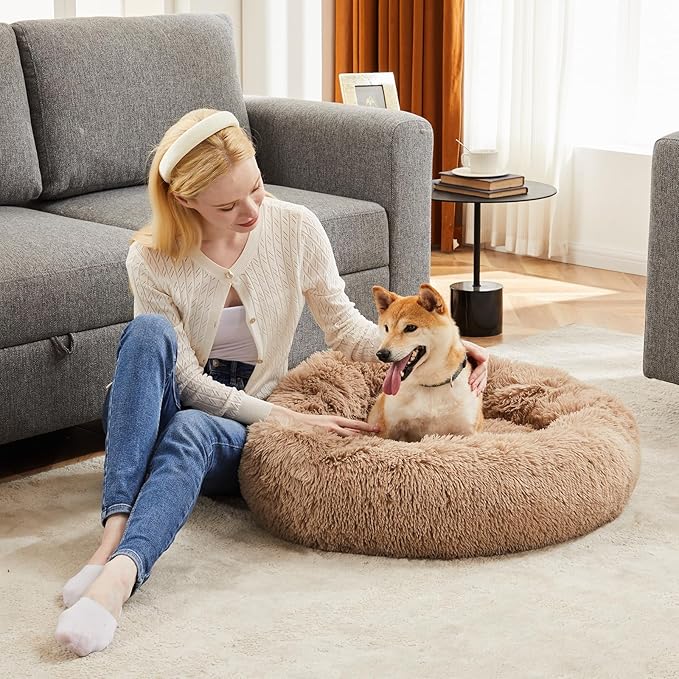 DUMOS Donut Dog Beds for Large Dogs, 37.4x37.4 in Machine Washable Cuddler Warming Cozy Fluffy Faux Fur Plush Round Pet Bed, Anti-Slip Bed for Indoor Dogs and Cats, Brown