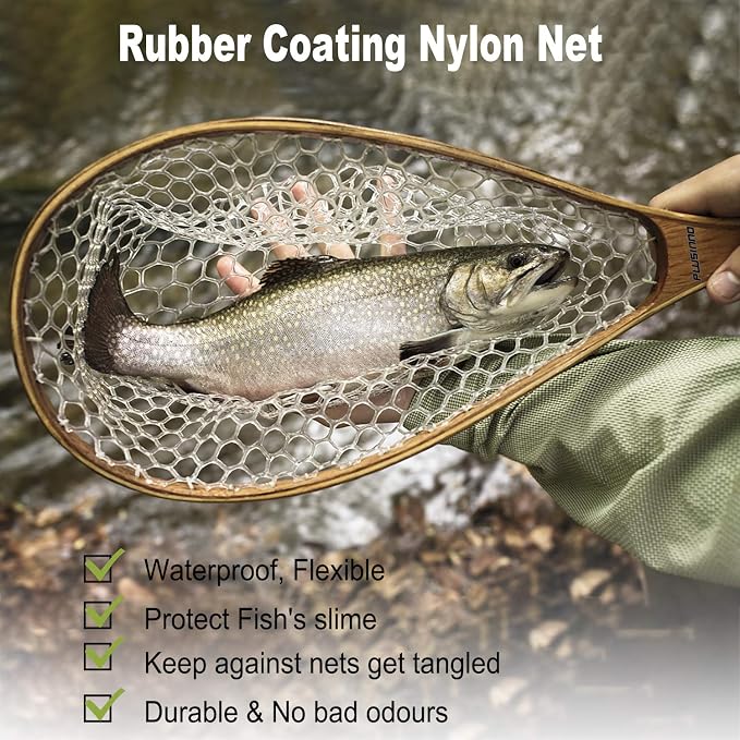 PLUSINNO Fly Fishing Net, Wooden Frame Fishing Landing Net with Magnetic Release, Soft Rubber Mesh Net for Trout Bass Catch and Release, Magnetic Fly Fishing Gear