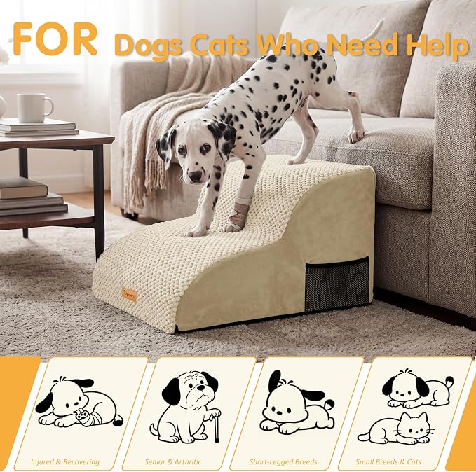 Topmart High Density Extended Foam Dog Ramp&Steps 2 Tiers,11.8" High,Non-Slip Dog Stairs,Soft Foam Pet Ladder with Removable Cover,Best for Injured,Older Cats,Pets with Joint Pain for Low Sofas,Stairs