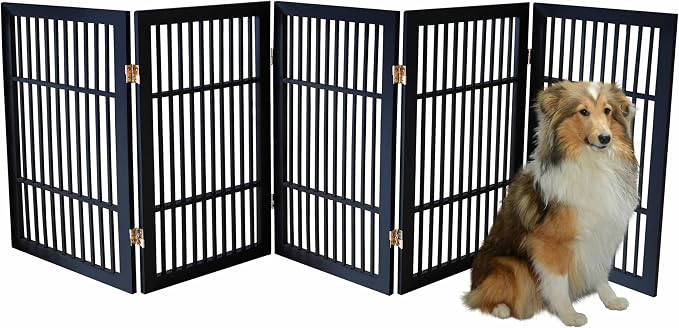 Urnporium Pet Dog Gate Freestanding, Strong Durable Folding Wooden Fence, Portable Acacia Hardwood Safety Barrier for Indoor & Outdoor Use (Black Pet Gate, 5 Panel 30" Tall)