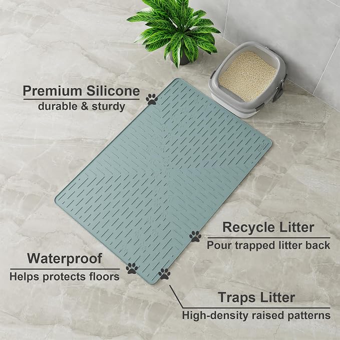 OHMO Cat Litter Mat XXL Trapping Mat Premium Silicone Rubber 37.5x25.2 Light Blue, Waterproof and BPA Free Kitty Litter Box Mat, Easy Clean and Keeps the Floor Tidy