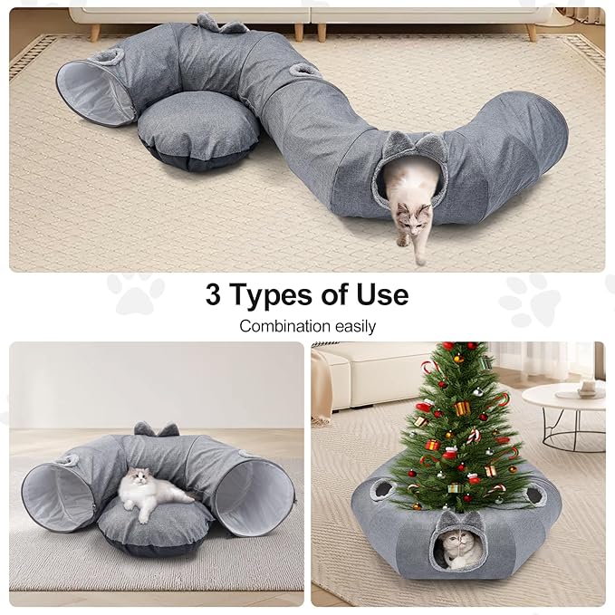 Odoland Cat Tunnels Bed for Indoor Cat with Interactive Cat Toys, Cat Tube with Washable Cushion for Small Large Cats, Round Pet Peekaboo Cave for Kitten, Adult Cats and Rabbit