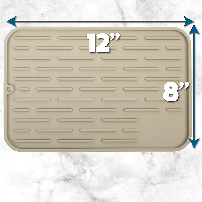 Large Silicone Dish Drying Mat for Kitchen Counter or Under Sink, 16" x 12" Large, Waterproof Pet Feeding Mat, Water Bowls, Under Drying Racks for Dishes, Coffee Bars, Bar Mats (Beige)…