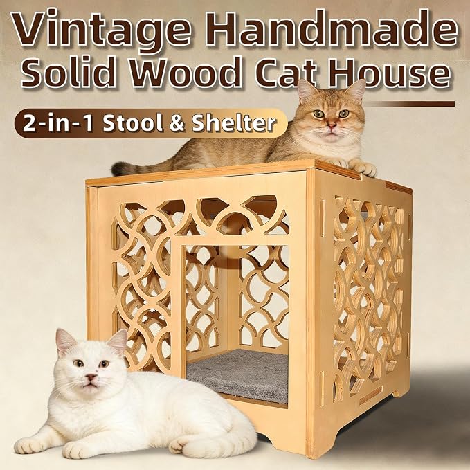 Vintage Carved Hollow Cube Cat House, Handmade Solid Wood Indoor Cat Shelter, Natural Wood Color, Easy to Assemble & Maintain, Elegant Decor for Small Cats Kittens