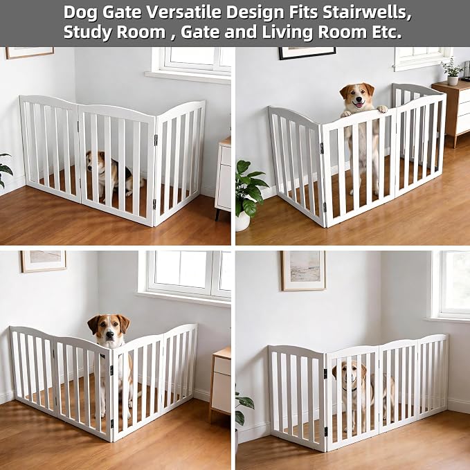 Freestanding Dog Gate Indoor,Doggie Gate Foldable Pet Gates for Doorways,Stairs or Hallways, Wooden White Pet Gate for the House, Pet Fence with Support Feet Included,24 "Height-3 Panels