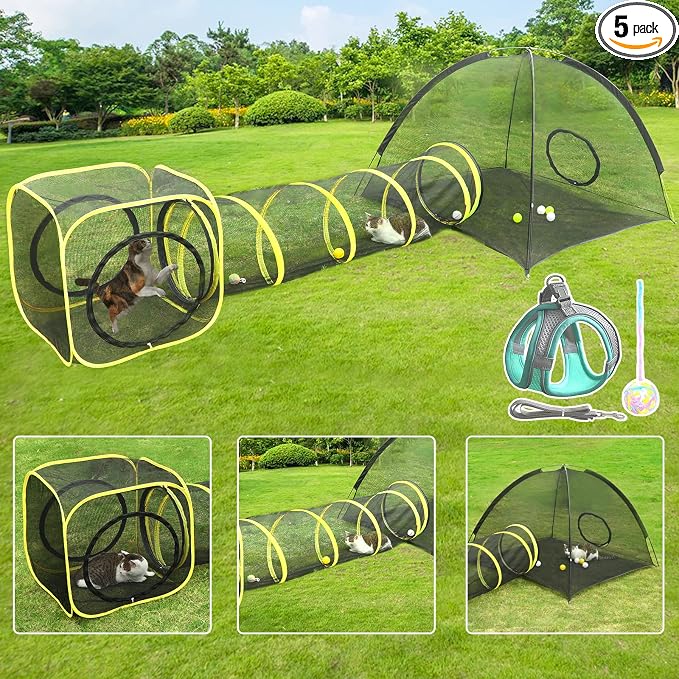 Outdoor Cat Enclosures for Indoor, Portable Mesh Tent, Outdoor pet Tunnel, Cat Playhouse with Adjustable Cat Harness and Leash for Walking, Colorful Tease Ball for Small Animals