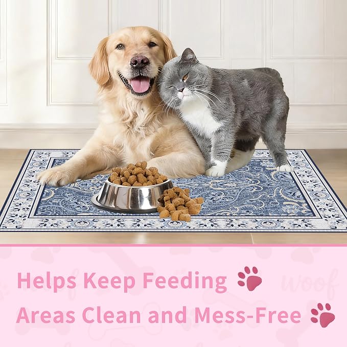 Blue Floral Pet Feeding Mat, Absorbent Dog/Cat Food Mat for Food and Water Bowl, Non-Slip Quick Dry Pet Placemat Floor Protector for Messy Drinkers(16 x 24 in)