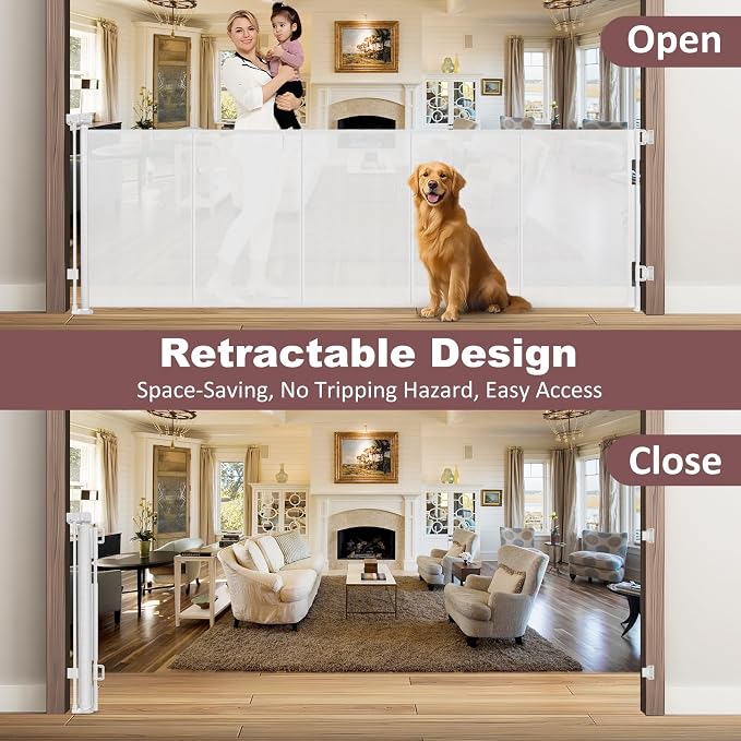 Reinforced 41" Extra Tall Retractable Dog Gate 100" Wide Retractable Baby Gates with Support Rods, Outdoor Retractable Gates for Dogs Indoor Extra Tall Baby Gate Child Gates for Wide Openings, White