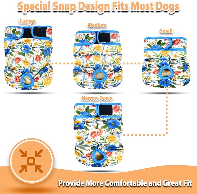 Langsprit Washable Female Dog Diapers (3 Pack) - No Leak Reusable Diapers for Doggy Female in Period - Highly Absorbent Dog Heat Panties with Adjustable Snaps (Floral, Small)