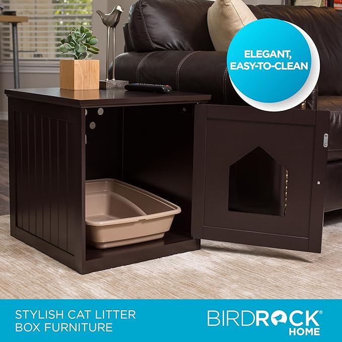 BIRDROCK HOME Cat Litter Box Furniture Enclosure - Hidden Kitty Litter Cat House with Hinged Door, Nightstand, Side Table & Pet Crate, Indoor & Outdoor Wood Cabinet for Small Cats and Dogs - Espresso