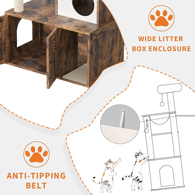 Cat Litter Box Enclosure with Tree Tower and Condo, Hidden Pet Washroom Furniture with Sisal Scratching Post,Hammocks and Soft Plush Perch, Wooden Cat Furniture with Multiple Platforms,Rustic Brown