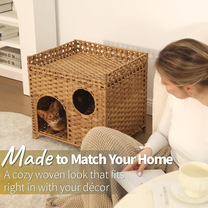 Wicker Cat House for 1-2 Cats Under 20 lb, Medium-Large Indoor Cat Condo No Assembly, Handwoven Rattan-Style Breathable Cat Bed Pet Cube for Living Room Bedroom, Suitable for Summer Use (Tan)