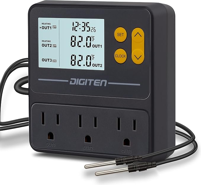 DIGITEN Day-Night Reptile Temperature Controller with Timer | 3-Stage Thermostat Outlet, Cooling & Heating Mode for Terrarium, Ball Python, Bearded Dragon, Heat Mat,Mushroom, Fermentation