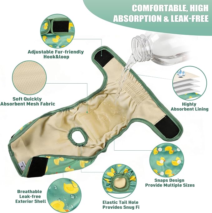 Langsprit Female Dog Diapers for Doggie Puppy,Reusable Dog Period Diapers Female for Heat Peeing,Small Medium Large Doggy Diaper Washable,Dogs Pants 5 Pack, Duck, Large