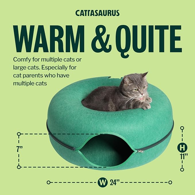 Cattasaurus Peekaboo Cat Cave Donut for Multiple & Large Cats up to 30-45 lbs, 3-in-1 Self Warming Cat Bed, Tunnel & Scratcher for Indoor Cats, Washable & Detachable Dog Bed (Forest Green, Large)