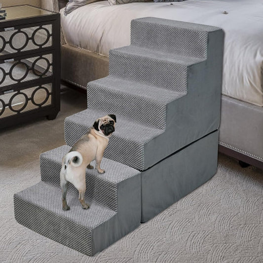 Dog Stair Steps for High Beds 30 inches Tall, 33D Foam Dog Ramp for Bed 30-32 inches, 6-Step Pet Stair Steps for Small Large Dogs for Bed Climbing, Non-Slip Dog Steps for Older Dogs/Cats, Grey