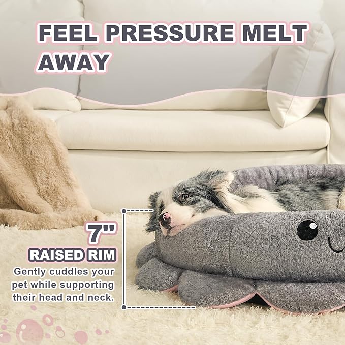 Jiupety Cute Calming Dog Beds Clearance for Large and Extra Dogs, Anxiety Bolster Dog Bed with Octopus Shape, Grey, XL, Boho, Round Pet Bed Cat with Removable Cushion