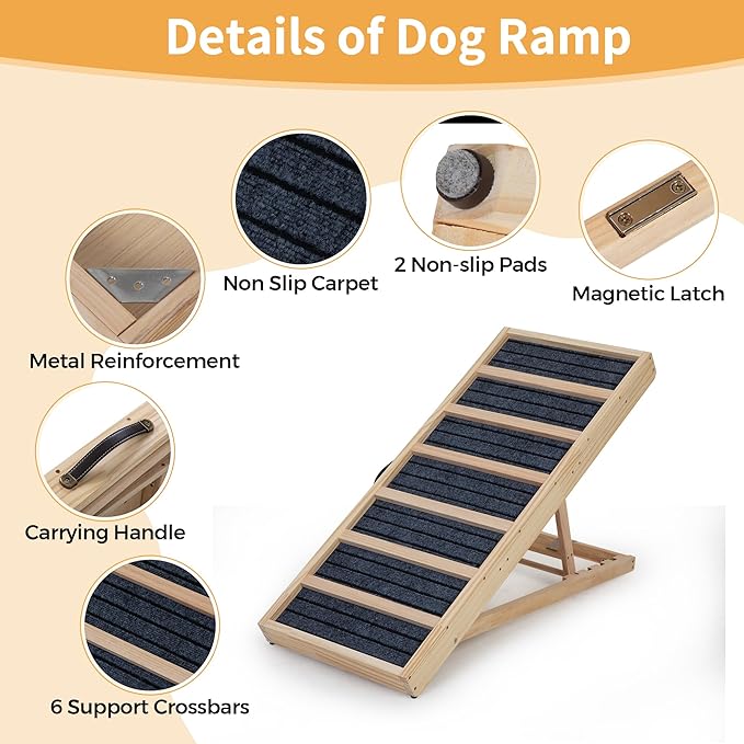 Adjustable Wooden Dog Ramp for Bed and Couch - 39" Folding Pet Ramp with 4 Heights and Non-Slip Safety Rails for 132lbs Small, Medium, and Senior Dogs