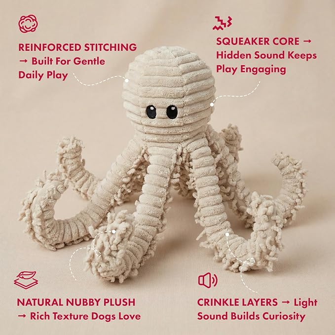 petlou Durable Natural Nubby Plush Dog Toys with Squeaker and Crinkle Paper in Multi-Size (Natural Octopus - L, 18 Inch)