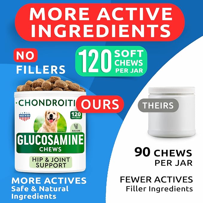 Glucosamine Dog Chews + Old Dog Joint Pain Relief Supplement Bundle - Senior Advanced Hip & Joint Support Formula - Chondroitin, MSM, Omega-3 - Bacon Flavor - 120 + 120 Chews - Made in USA
